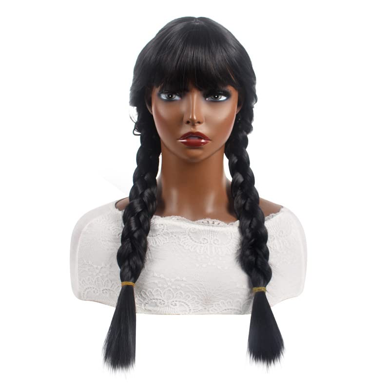 Image of QUEENTAS Braided Black Pigtail Wig for Women Gothic Long Black Braids Wigs with Bangs Cosplay Halloween Costume Wig