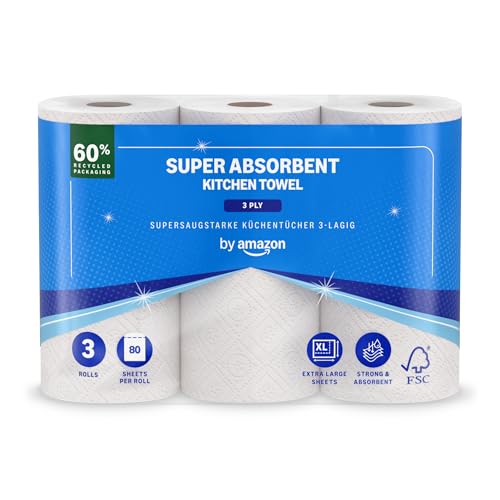 by Amazon Supersaugfähiges Küchentuch 3-Lagig 3 Rollen (1 Packung à 3 Stück) 80 Blatt Pro Rolle FSC-Zertifiziert (Zuvor Presto!)