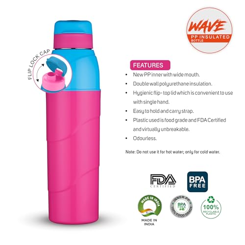 Image of Trueware Wave 500 ML Plastic Insulated Water bottlle for Cold Water, BPA Free, Food Grade, Leak Proof, Airtight (Pink)