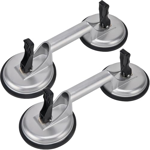 Heavy Duty Suction Cups - Aluminum Vacuum Handle Glass & Tile Lifter - Ergonomic Reliable Suction for Lifting Large Glass Tile Marble Floor Dent Puller (2 Pack Silver)