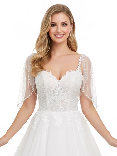 YAEISM Pearl Bride Cape White Detachable Sleeves Elegant Shoulder Cover for Dress Tulle Wedding Arm Cover Up for Women Girls