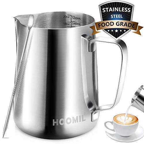 HOOMIL Milk Frothing Pitcher Stainless Steel Espresso Steaming Pitcher 20OZ600ML Coffee Milk Frother Cup with Decorating Art Pen for Espresso Machine Milk Frother Latte Art