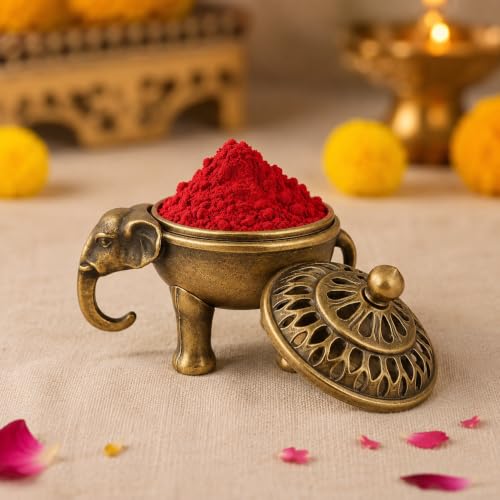 Image of Antique Elephant Brass Kumkum Dani with Lid | Traditional Sindoor Box for Pooja | Decorative Pooja Container for Home Temple & Mandir Decor | Vintage Brass Finish (1)