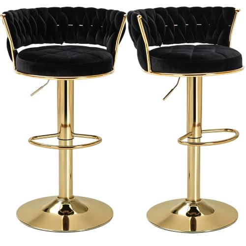 VECELO Bar Stools Set of 2 Adjustable Barstools Counter Height Stools with Back and Arm Velvet Woven Kitchen Island Stools w/Gold Metal Leg & Base 360 Swivel Bar Chair for Pubs Dining Room Black