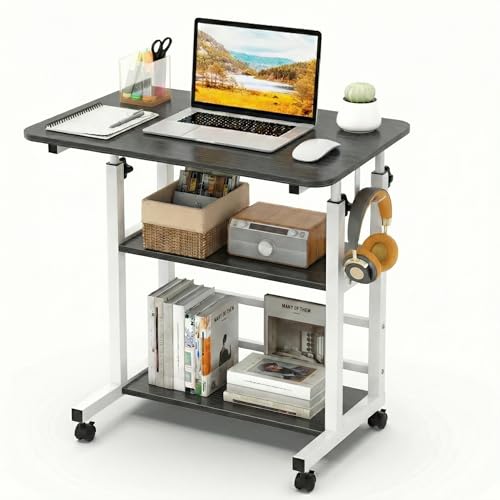 Huracan Höhenverstellbarer Laptoptisch auf Rollen 60×40×56–82 cm, 3 Ebenen, Robuster H-Rahmen, Pflege- & Beistelltisch mit Arretierbaren Rollen, Schwarz Gebürstet