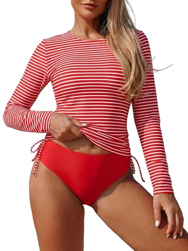 Image of ZAFUL Women's Long Sleeve Rash Guard UPF 50+ Sun Protection Surf Swim Shirts Drawstring Tankini Swimsuit