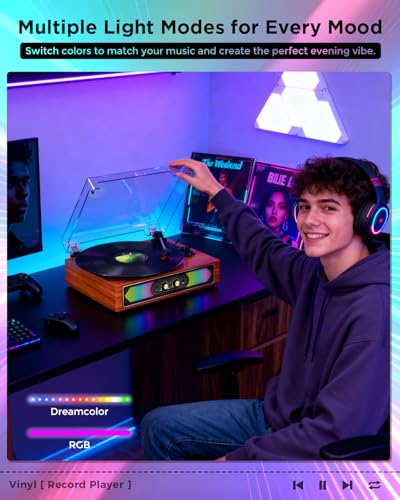 Bluetooth Record Player with RGB Lights, 3-Speed Belt-Drive Turntable with Built-in Stereo Speakers, Bass/Treble Control, Auto Stop, AUX in/Out, RCA Out, Retro Wood Vinyl Player for Home & Gift Use - Les Beatles, Paul McCartney, John Lennon, RIngo Starr, George Harrison Bluetooth Record Player with RGB Lights, 3-Speed Belt-Drive Turntable with Built-in Stereo Speakers, Bass/Treble Control, Auto Stop, AUX in/Out, RCA Out, Retro Wood Vinyl Player for Home & Gift Use – Image 7
