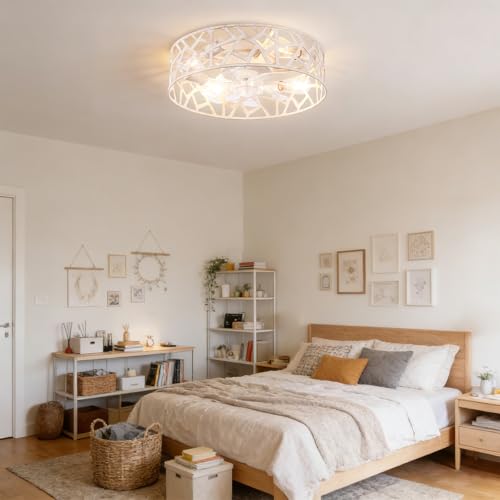Image of 20 Inch Caged Ceiling Fans with Lights and Remote,Farmhouse Flush Mount Fandelier Ceiling Fan Vintage White, Low Profile Bladeless Ceiling Fans for Bedroom,Kitchen,Living Room