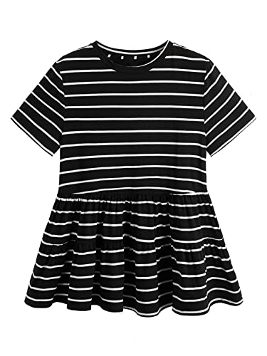 Romwe Women's Plus Size Loose Ruffle Hem Short Sleeve Casual Peplum Blouse Top Black Stripes 4Xl #TOP10