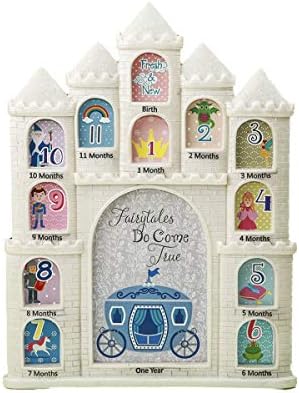 Mozlly White Fairy Tales Do Come True Castle Baby First Year Collage Photo Frame Glitter Finish 12 x 9.5 Inch Nursery Room Decor for Little Prince & Princess 1 Month-1 Year Pictures