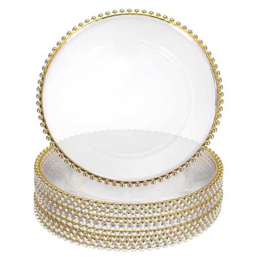 sourcing map Lot de 12 assiettes de présentation rondes en plastique transparent de 33 cm avec bordure perlée pour fête de mariage, événement, décoration de table, doré