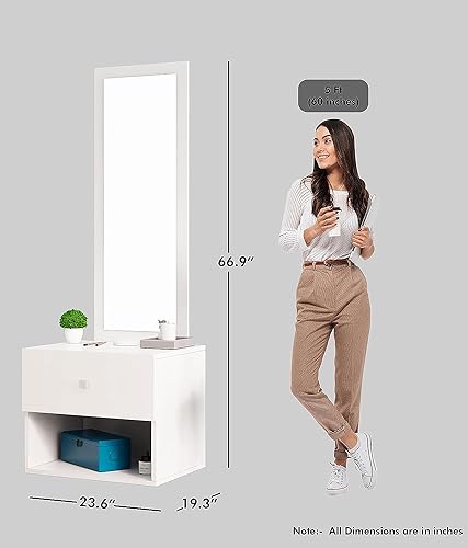 Image of Bniture Wooden Dressing Table for Bedroom with 1 Drawer, Mirror and Huge Storage Space | Long Dresser Vanity Table with Mirror (42D x 60W x 180H CM) (Frosty White, HXDR105)