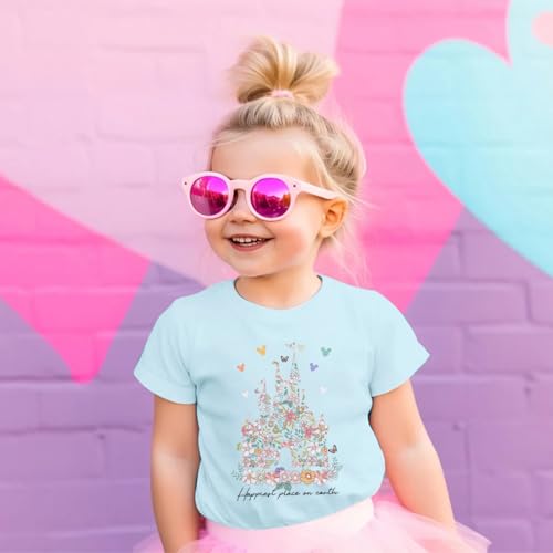 Image of Magic Kingdom Shirts for Girls Floral Magical Castle Graphic Cute Tshirt Kids Flower Holiday Vacation Trip Tee Tops