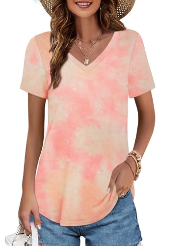 Image of Elesomo Womens T Shirts V Neck Summer Short /Long Sleeve Cotton Tops Tees