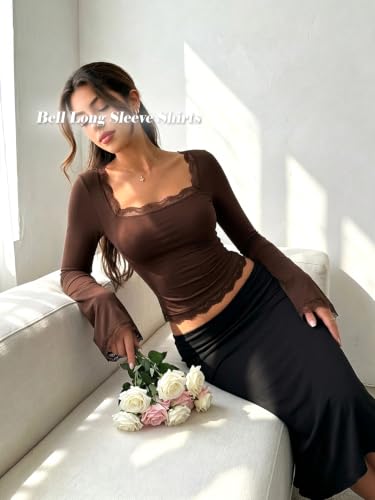 Image of OZICERD Women Bell Long Sleeve Shirts Cute Going Out Top Lace Trim Square Neck Double Lined Fitted Basic Tops Y2k Tight Slim