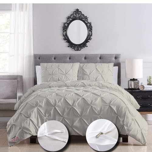 eBeddy Linens Pinch Pleated Duvet Cover Set Queen Size 90x90 Inch 100% Cotton Soft and Breathable 3 Piece Set Bedding Collection Zipper Closure & Corner Ties, Pintuck Silver Grey