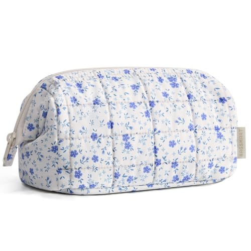 Image of BAGSMART Makeup Bag Travel Toiletry Bag, Puffy Padded Make Up Bags for Women Makeup Organizer Case, Wide-open Pouch Purse Travel Essentials Toiletries Accessories Brushes, Blue Ditsy Floral