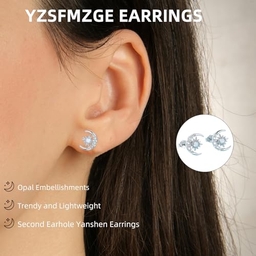 Moon and Star Earrings 925 Sterling Silver Opal Stud Earrings for Women Hypoallergenic Sun and Moon Earrings Crescent Moon Star Jewelry Gift for Women for Sensitive Ears4