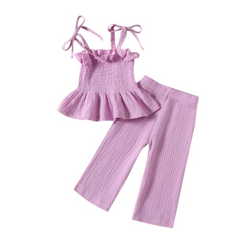 Yanmucy Bebé Niña Ropa de Verano 2PCS Ruffle Cami Tops sin Mangas y Pantalones largos Set Niño Pequeño Soild Acanalado Outfis (Morado, 2-3 años)
