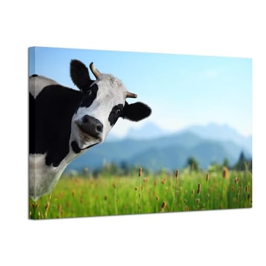 Hello Artwork Farm Animal Canvas Prints Wall Art Funny Cow on Green Meadow with Alps Background Picture Painting On Canvas Stretched And Framed For Home Decoration Living Room Ready To Hang 24x36inch
