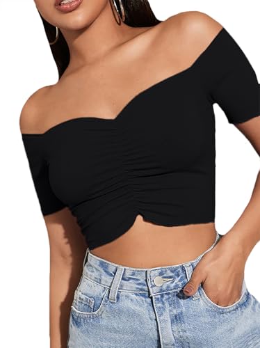 LYANER Women's Off Shoulder Ruched Short Sleeve Rib Knit Sexy Crop Top Blouse4