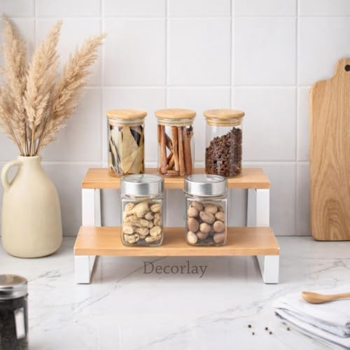 Image of Decorlay 2-Tier Metal & Laminated Board Stairs Spice Rack Cosmetic Organizer Stand, Kitchen Countertop for Pantry Cupboard, Countertop (Beech+White)