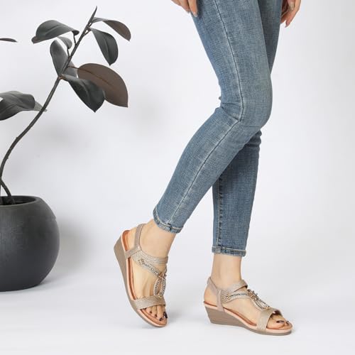 Image of Wedge Sandals for Women Dressy, Woman's Sandal Comfortable Low Wedges Heels Ankle Elastic Strap Sandles with Flower Rhinestones