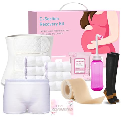 Image of SOFTCA C Section Recovery Must Haves Kit - Peri Bottle,Disposable Mesh Underwears,Witch Hazel Pad Liners,Silicone Scar Patches, Abdominal Belly Binder,Socks,C-Section Recovery Essentials Kit