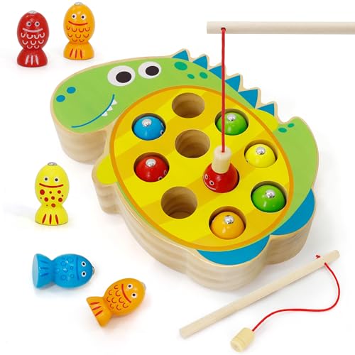 JooKiddie Wooden Magnetic Fishing Game, Dinosaur Magnetic Fishing Toy for Kids 3-5, Montessori Preschool Education Learning Color Sorting Fine Motor...