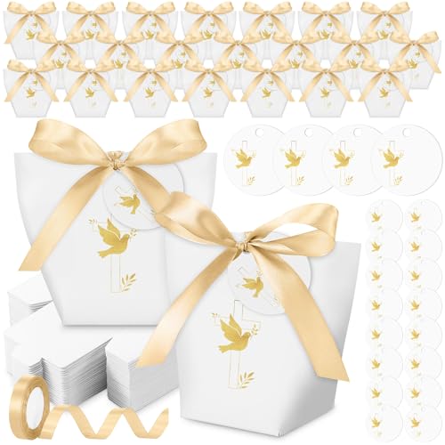 Faccito 50 Set Boîtes à Dragées Bonbons pour Première Communion Confirmation Coffrets Cadeaux avec Rubans Dorés Étiquettes pour Baptême Anniversaire Décoration...