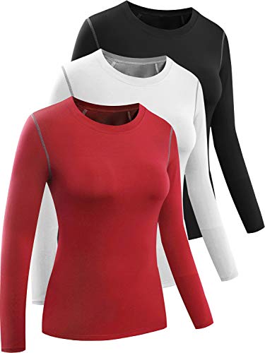 CADMUS Women's 3 Pack Running Compression Long Sleeve T Shirt,Balck,Red,White,X-Large