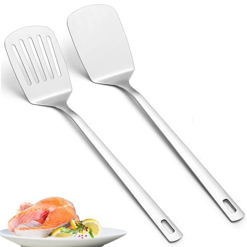 2 espátulas de acero inoxidable, 35 cm, espátulas de cocina resistentes con alta resistencia al calor, utensilios de cocina ideales para pescado, huevos, tortitas, lavavajillas