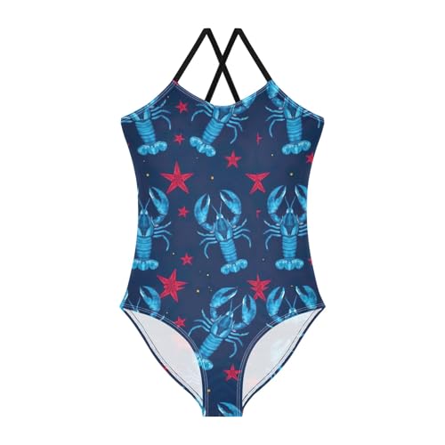 CHIFIGNO Lobsters Stars Blue Kids Bathing Suits Girls Quick Dry Crossback Swimsuit for Girls One Piece 3T