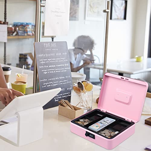 Image of KYODOLED Metal Cash Box with Combination Lock Money Box for Cash Safe Metal Box with Money Tray for Security Lock Box 11.81 inchx 9.45 inchx 3.54 inch Pink X Large