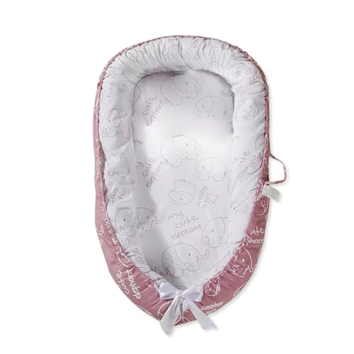 SONARIN Portátil Nido Bebé Recién Nacido,88 x 53 cm Reductor de Cuna Suave Transpirable,Cuna de Viaje para Niños Niñas,con 100% Algodón Funda Removible y Lavable(Rosa Elefante)