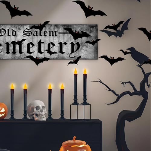 Image of Oviejo 10 Pack Halloween Black Electric Candles, Battery Operated Window Candles with Taper Flickering Bulbs, Flameless Halloween Window Candle with Timer for Table Kitchen Halloween Decor