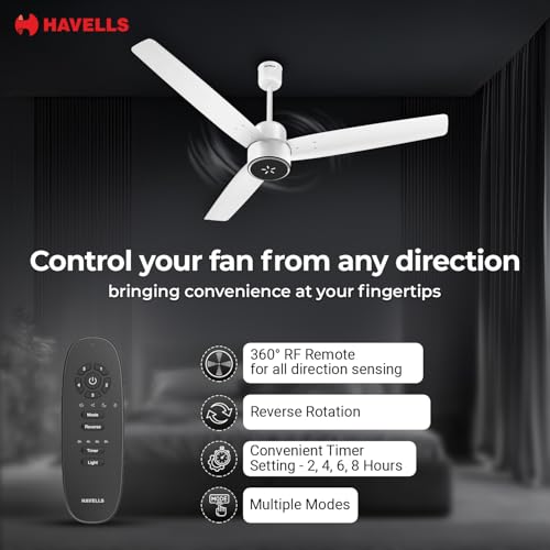 Image of Havells EPIC SIGNIA BLDC Ceiling Fan 1200mm, 5 star, LED Speed Indicator, 380 RPM, Up to 65% Savings, Reverse Rotation,4 Speed Modes, Low Wattage 30W, Low Noise, Air Flow:225 CMM, White