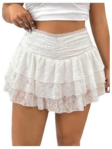 WDIRARA Women's Plus Size Lace Tiered Layer Ruffle Mini Skirt High Waist Mesh Ruched A Line Skirts
