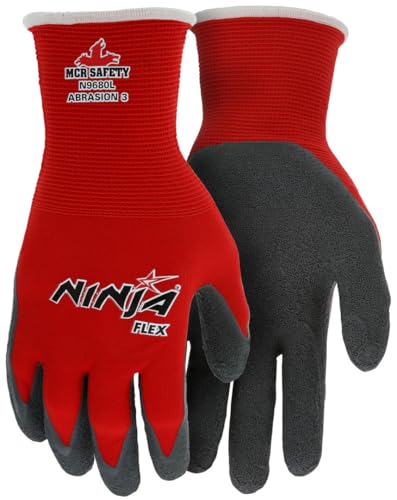 MCR Safety N9680L Ninja Flex Work Gloves, 15-Gauge Nylon Shell with Latex Coated Palm and Fingertips, Red/Gray, Large, 1-Pair