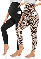 TNNZEET Umstandsleggings Damen Umstandsmode Blickdicht Schwangerschaft Leggings Umstandshose Lang mit Taschen für Yoga(Schwarz/Leopard,L)