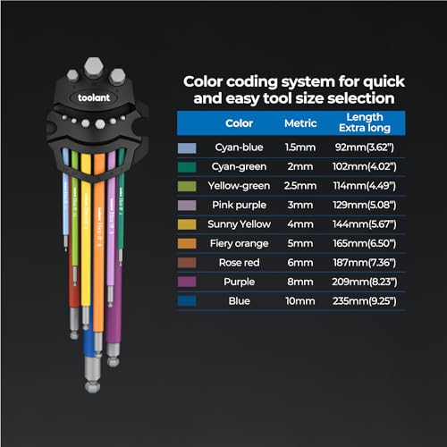 Image of toolant Metric Allen Wrenches Sets 9pcs, Extra Long Arm Allen Key Set with Ball End, Crafted Hex Key Set with Color Coded Sleeves, Unique Patented Holder Design for Magnetizing and Demagnetizing