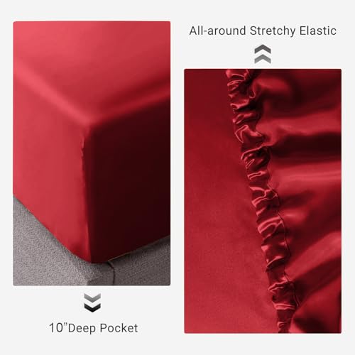 Image of Soft and Silk Satin Fitted Bedsheet for King Size 72X78 +12 in - Elastic Fitted Sheet 400 TC Hotel Collection for Bedroom | Fitted Sheet with Pillow Cover - Burgundy, King Size