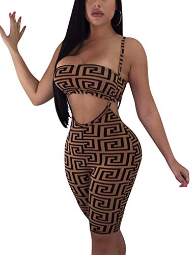 BORIFLORS Women's 2 Piece Outfits Sexy Crop Top Straps Shorts Pants Bodycon Jumpsuit Set,Small,Brown