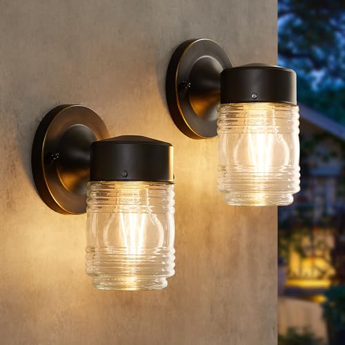 EJIAXIN 2 Pack Outdoor Wall Lantern, Exterior Waterproof Wall Sconce Light Fixtures, Black Front Door Lighting with Clear Glass Shade, Anti-Rust E26 Socket Porch Lights for Entryway by EJIAXIN - Used condition - US$19.98