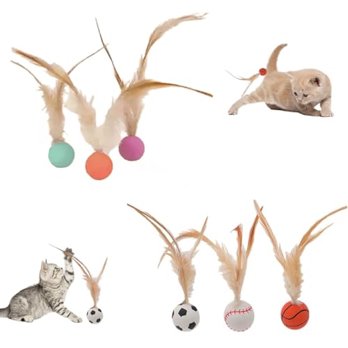 MANON ROSA Cat Feather Ball Toy Set 6 Pcs - Interactive Bouncy Balls for Indoor Adult Boring Cats, Kitten Toys with Silicone Feathers for Play Exercise