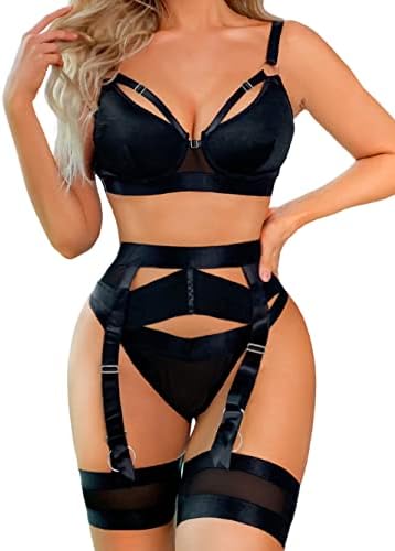 Kaei&Shi Garter Lingerie For Women,Sexy Lace Lingerie,Sheer Matching 4 Piece Lingerie Set