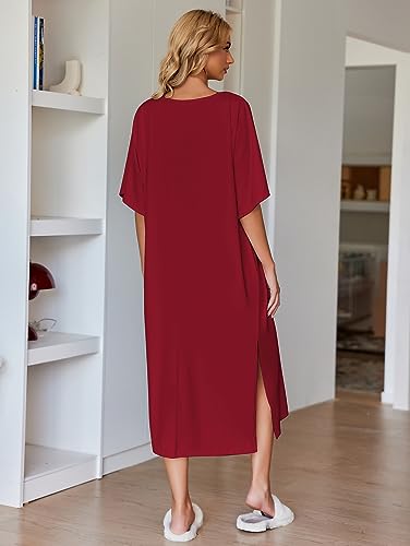 Image of Ekouaer Women's Nightgown Short Sleeve Sleepshirt Long Loungewear Casual Maxi Lounge Dress House Dresses with Pockets