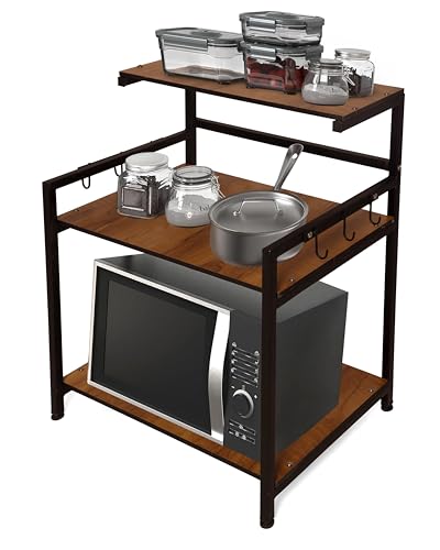Image of KYZEN Deluxe Microwave Oven OTG Stand for Kitchen Counter, Toaster Organizer, Extra Storage with Side Hooks for Home & Kitchen Appliances 3T Deluxe