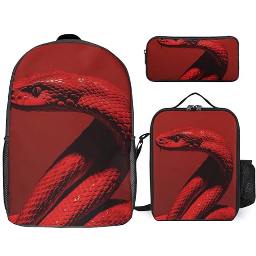 3 Piece Backpack for Women Men Lightweight Causal Daypack Shoulder Bag Set with Insulated Lunch Bag And Pencil Case Organizers Curly Red Snake