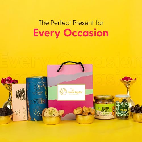 Image of The Flavour Republic Premium Diwali Celebration Snack Hamper | Bhai Dooj Gift Box with Assorted Cookies, Herb Garlic Crostini, Brownie Thins & Mukhwas Paan Shots | Healthy Gourmet Snacks for Birthdays, Anniversaries, Corporate & Family Gifting